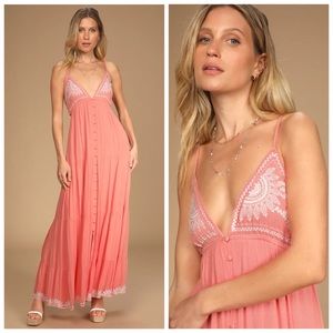 Lulus Those Summer Days Coral Pink Sleeveless Embroidered Maxi Dress
